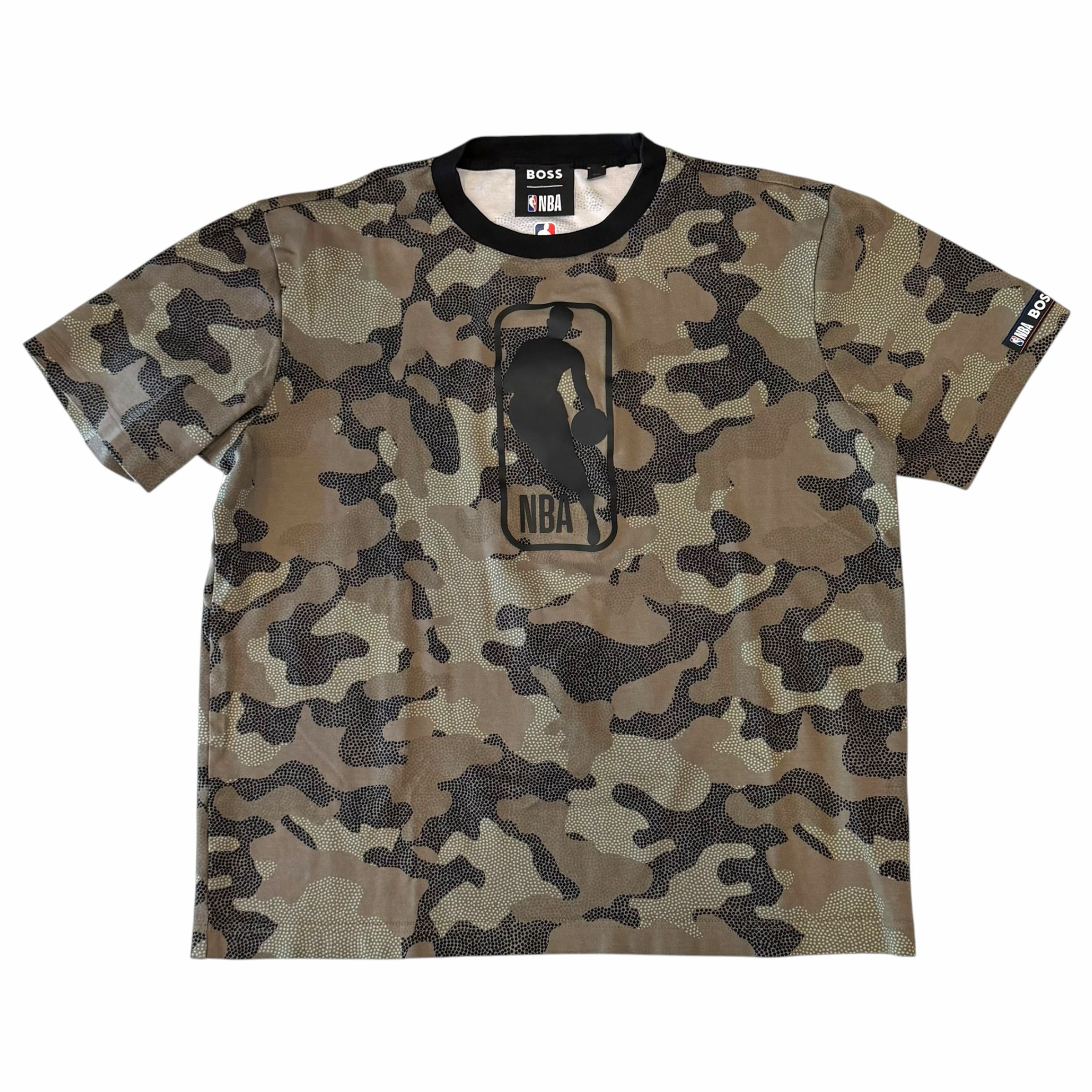 Vangsworld, Inc BOSS x NBA crewneck t-shirt in camouflage print with black logo graphic on chest and sleeve branding.