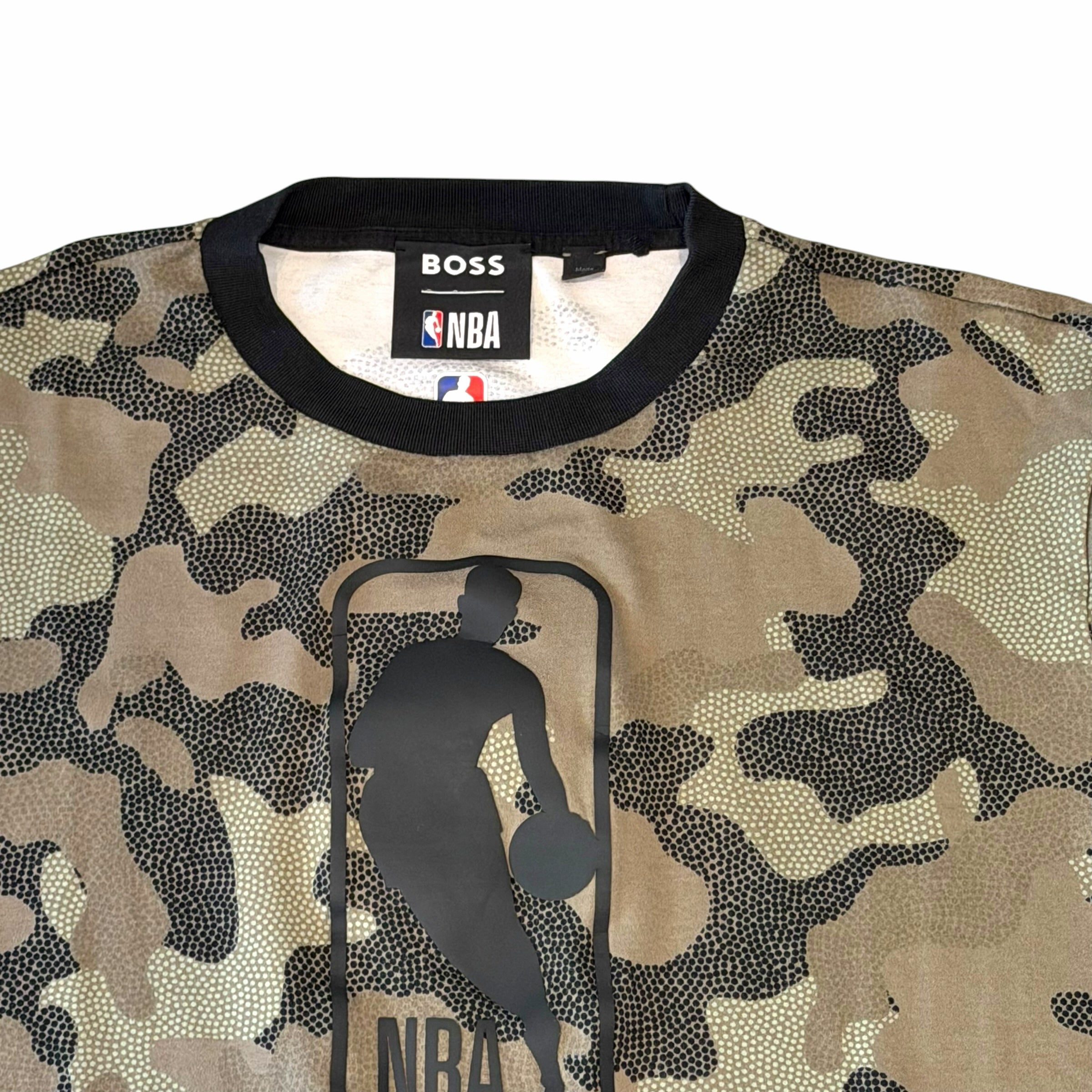 Vangsworld, Inc BOSS x NBA crewneck t-shirt featuring a brown and black camouflage print and a central NBA logo.