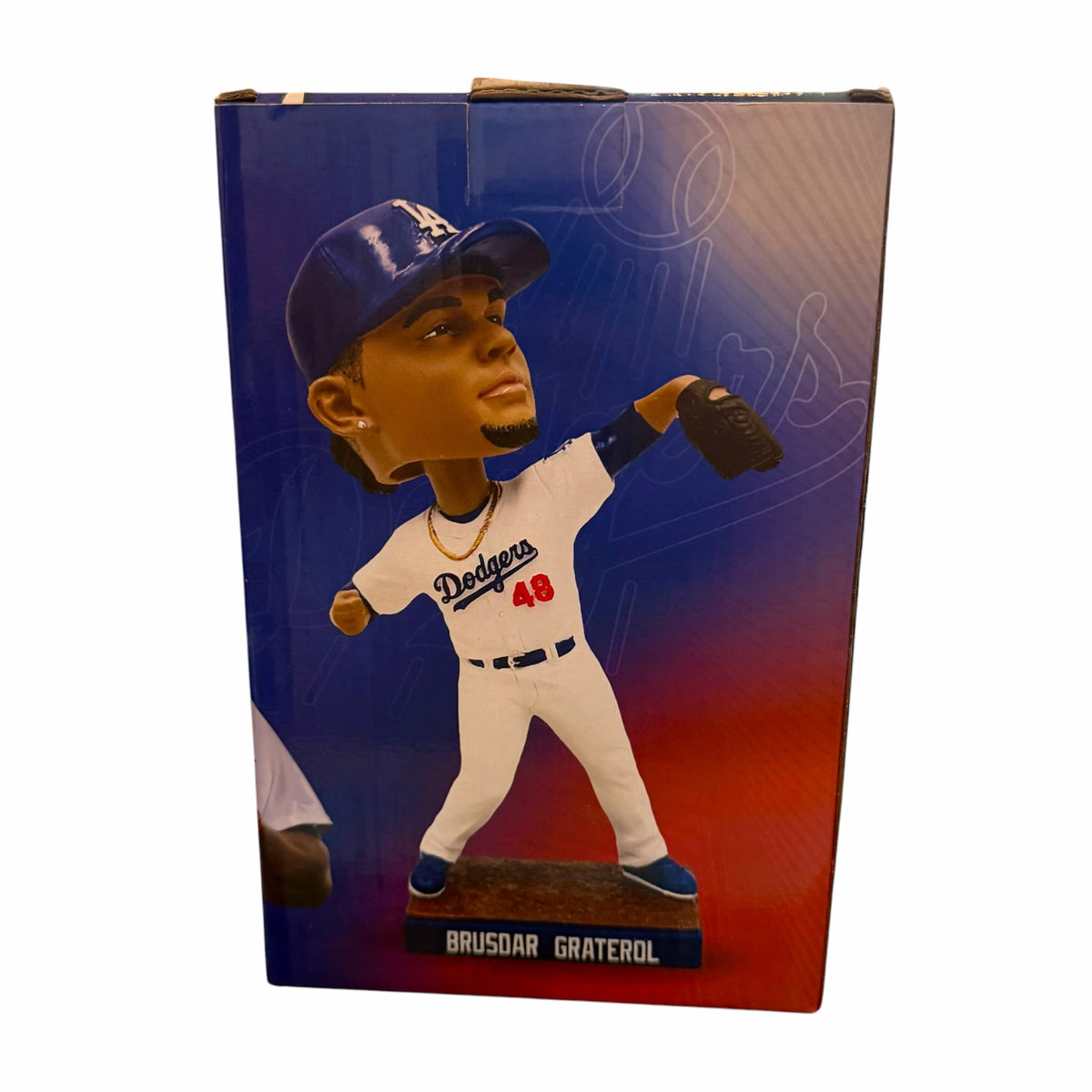 Vangsworld, Inc Brusdar Graterol Los Angeles Dodgers bobblehead figure in a pitching pose inside its display box.