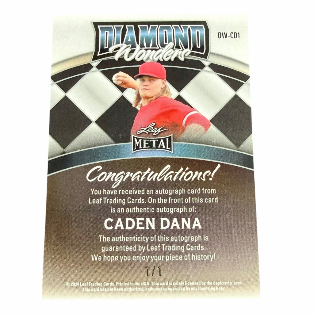 Vangsworld, Inc 2024 Leaf Metal Diamond Wonders Caden Dana 1/1 baseball autograph card back view