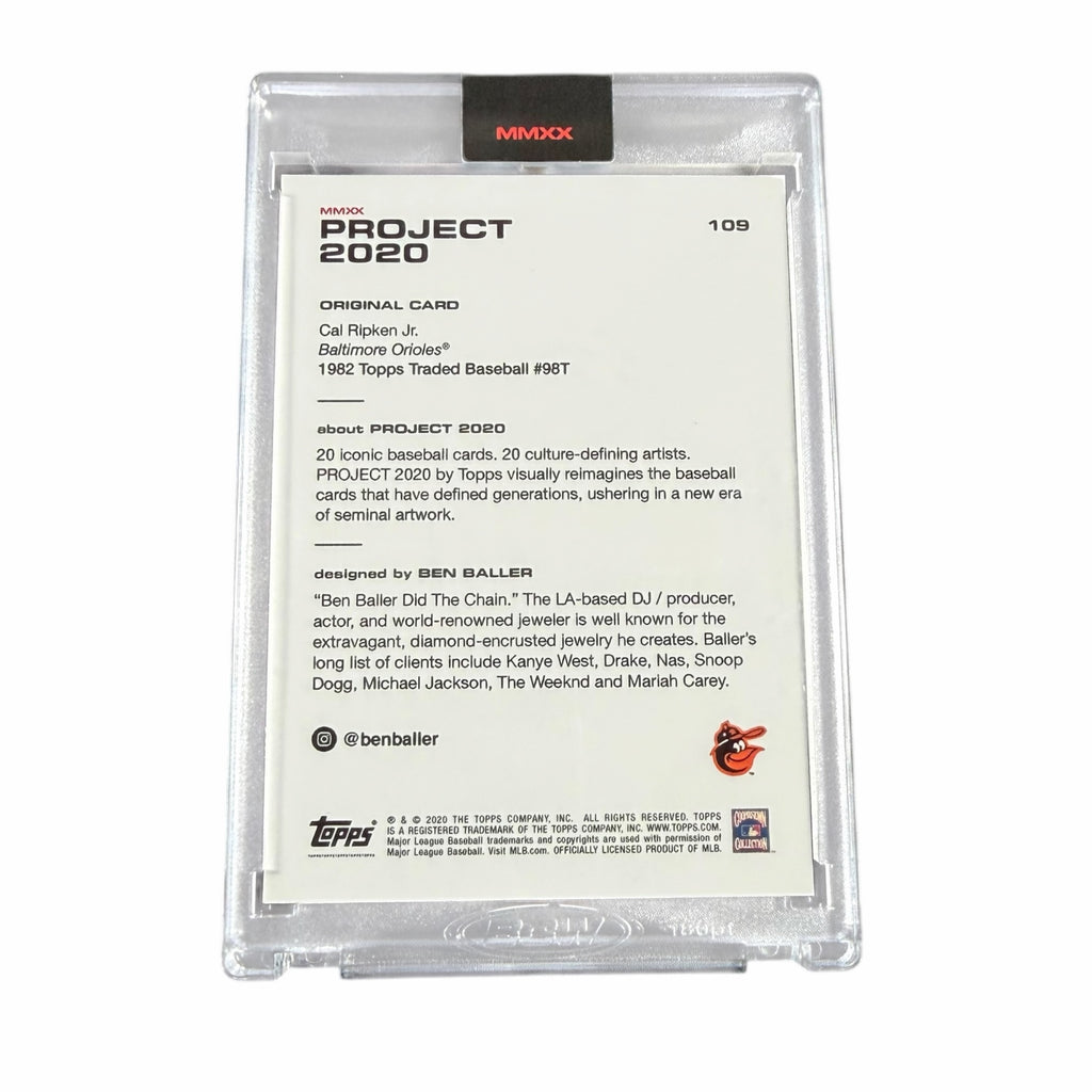 Vangsworld, Inc Topps Project 2020 Cal Ripken Jr baseball card back in a protective plastic case