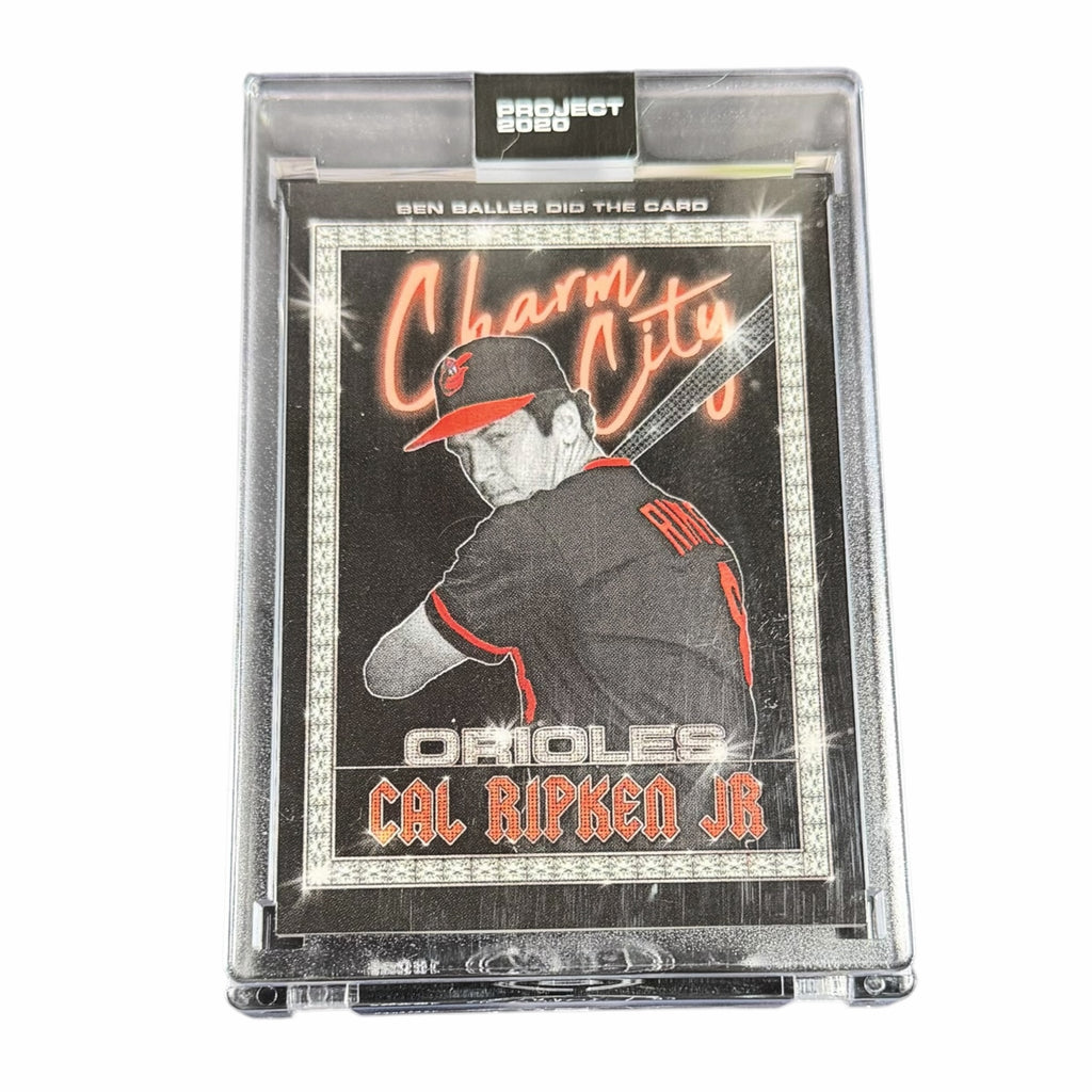 Vangsworld, Inc Topps Project 2020 Cal Ripken Jr baseball card designed by Ben Baller in a protective display case