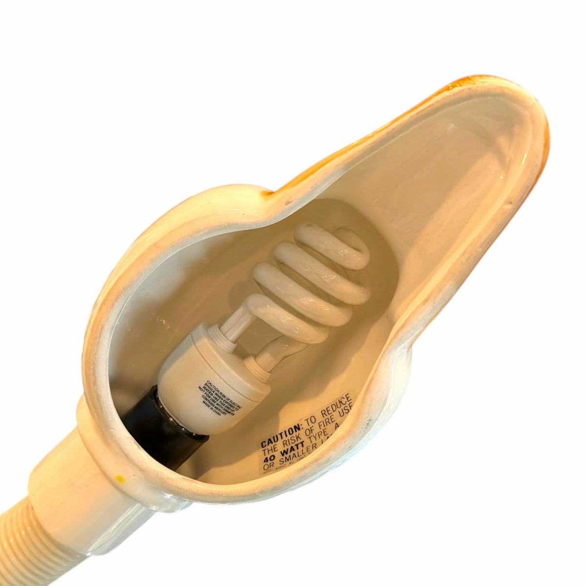 Vangsworld, Inc ceramic duck desk lamp head with a spiral light bulb inside, featuring white and orange glossy finish.