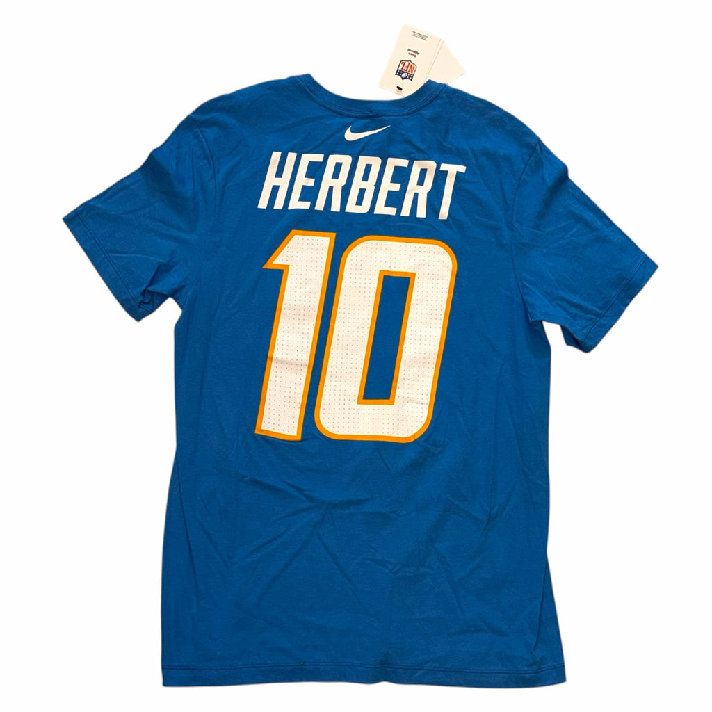 Vangsworld, Inc Los Angeles Chargers Justin Herbert number 10 blue Nike player t-shirt, back view with NFL tag.