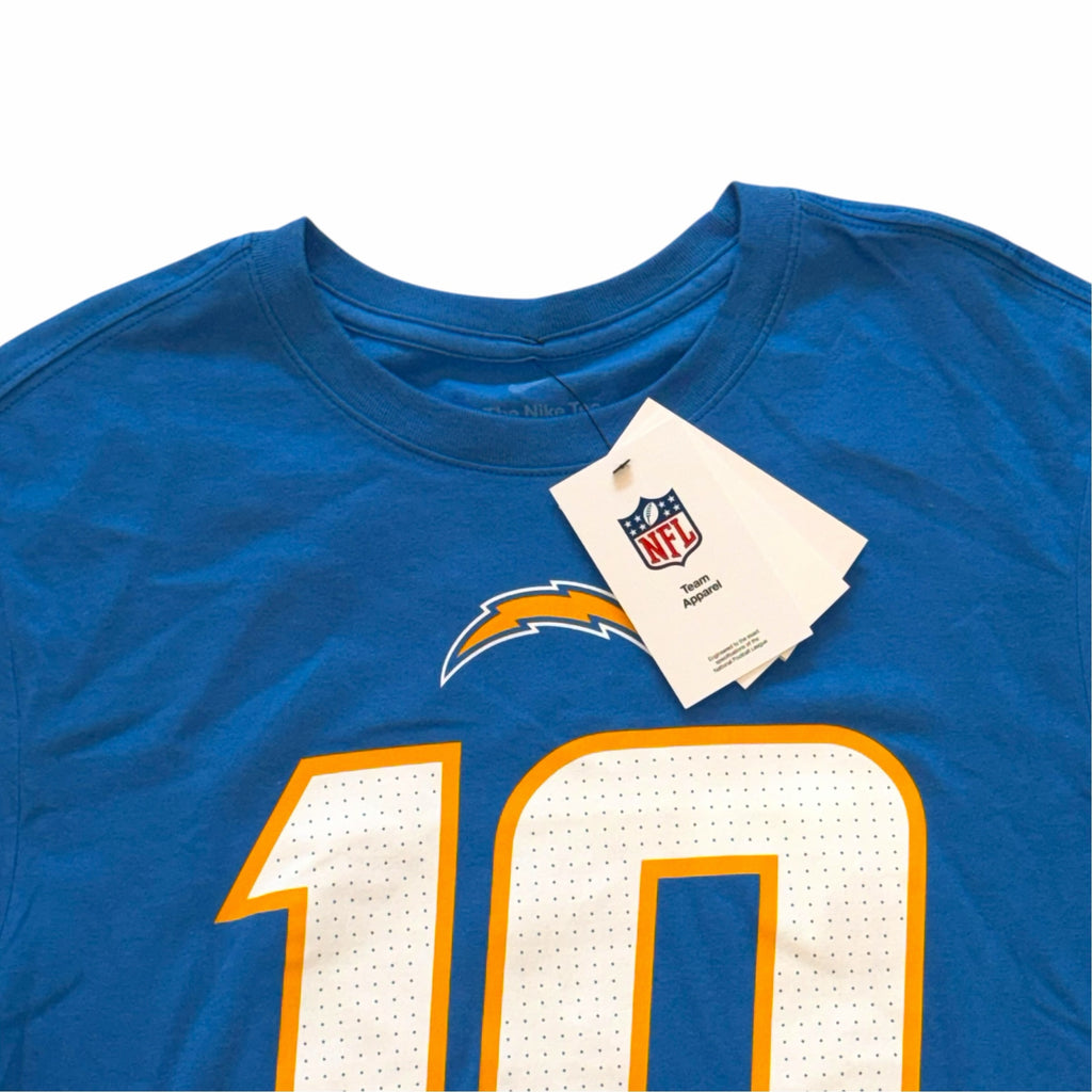 Vangsworld, Inc Los Angeles Chargers Justin Herbert blue crew neck t-shirt with number 10 and team logo