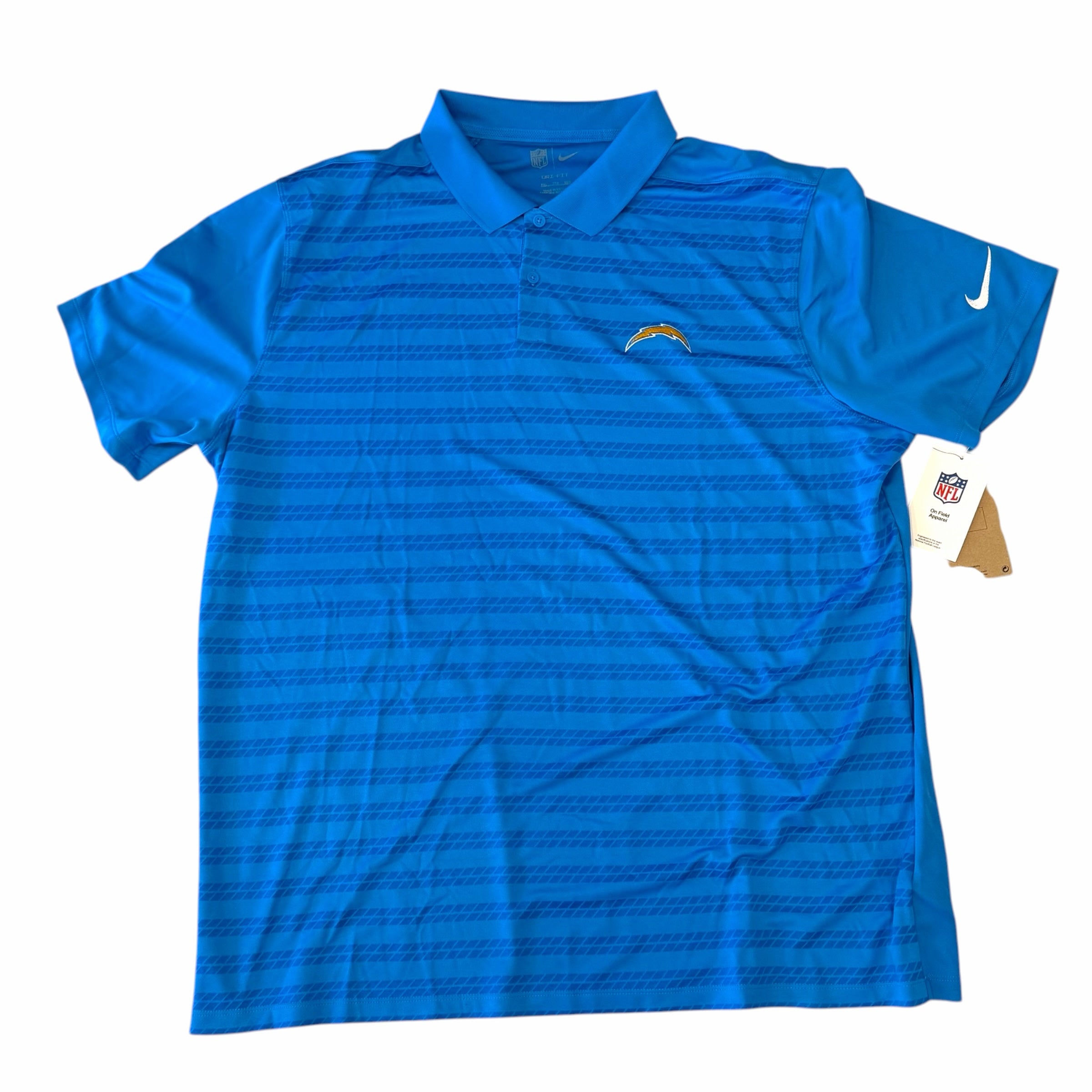 Vangsworld, Inc powder blue Nike Los Angeles Chargers Dri-FIT polo shirt with geometric stripes and team logo.