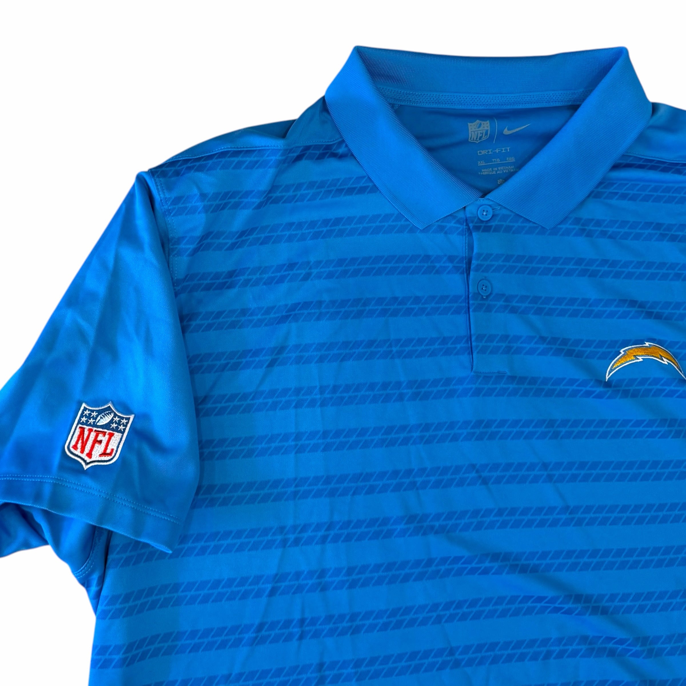Vangsworld, Inc powder blue Nike Los Angeles Chargers Dri-FIT polo shirt with geometric stripes and NFL logo on sleeve