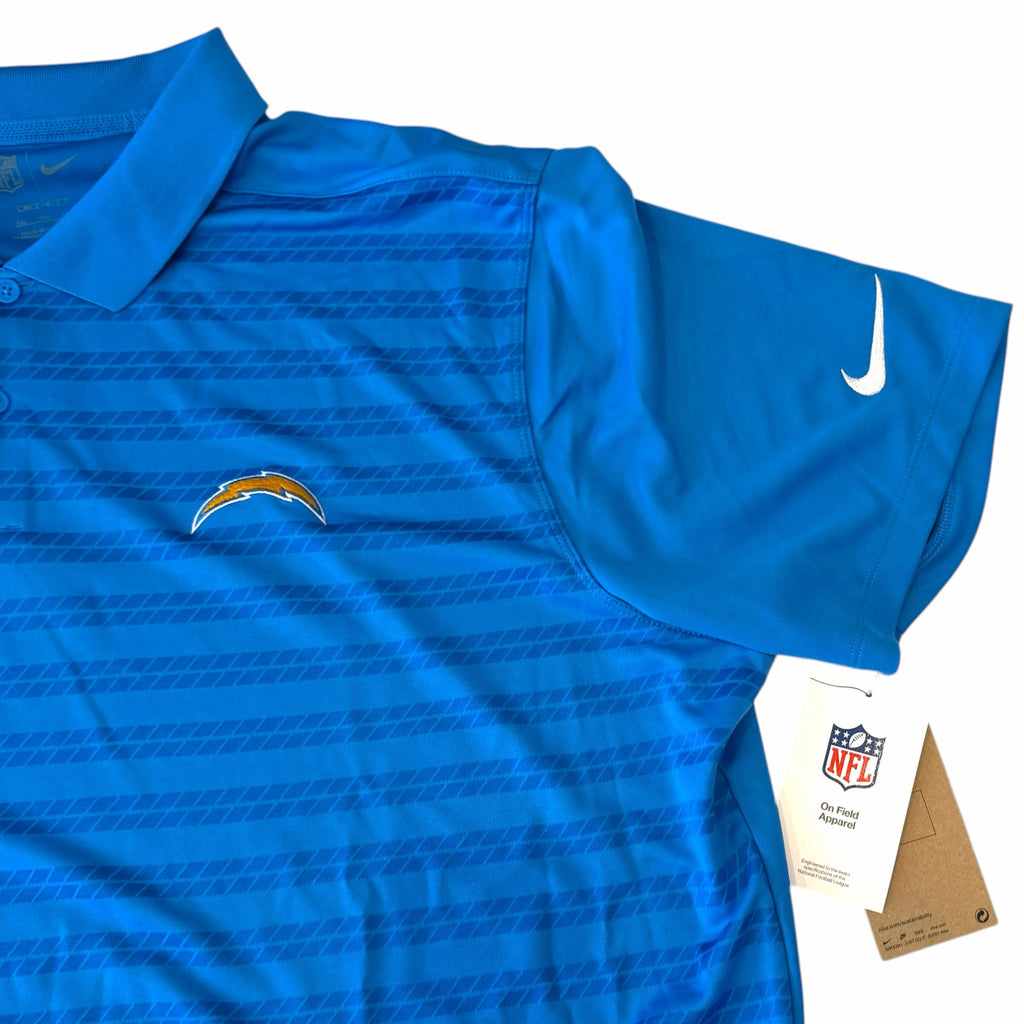 Vangsworld, Inc powder blue Nike Los Angeles Chargers polo shirt with Dri-FIT fabric and embroidered team bolt logo