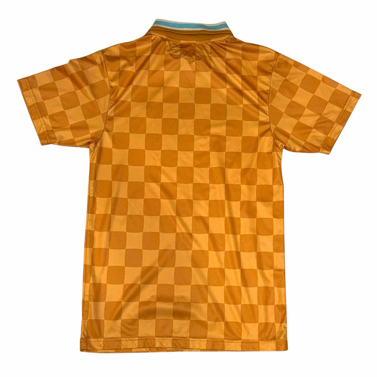 Back view of Vangsworld, Inc mustard and golden-yellow checkered short sleeve polo shirt with striped collar detail