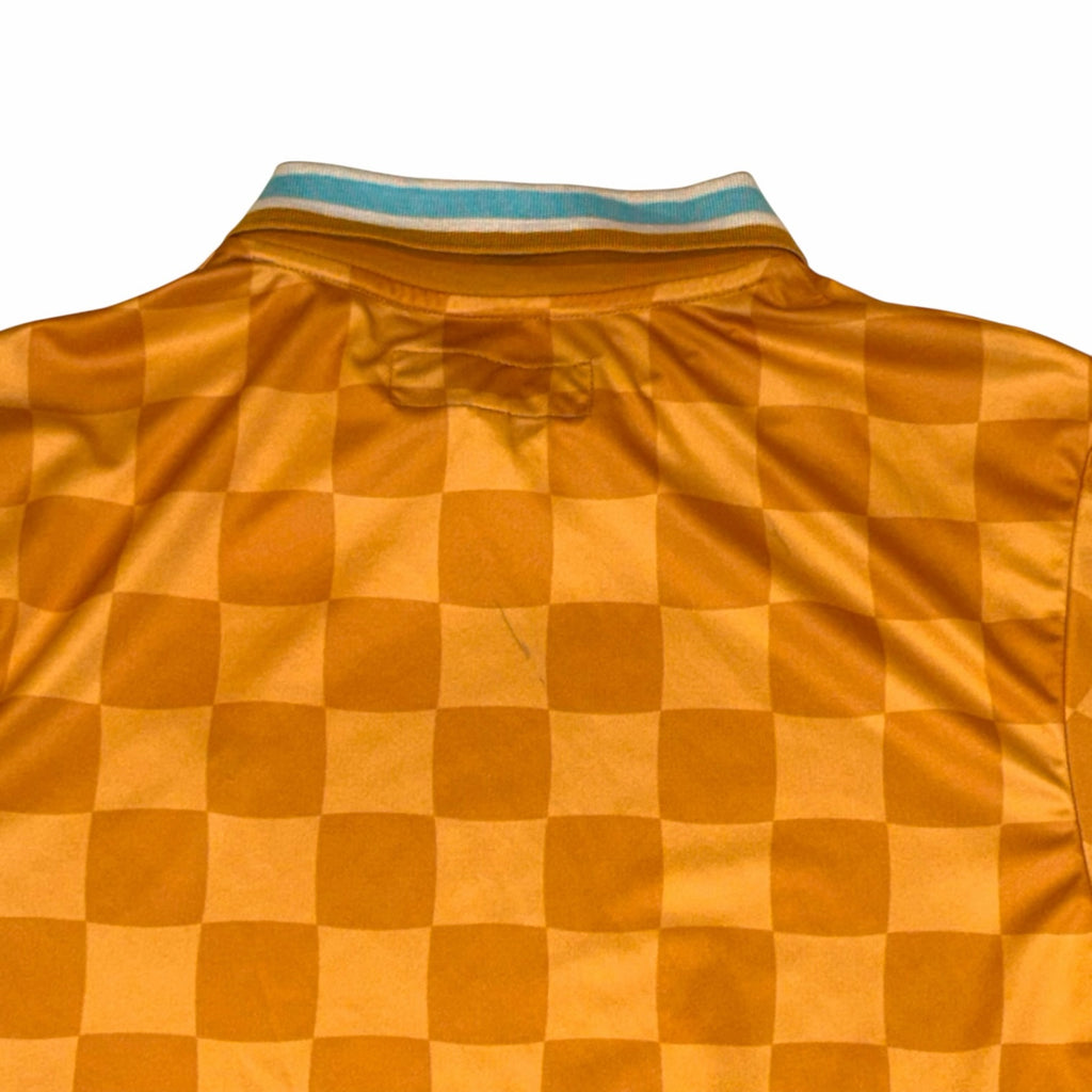 Vangsworld, Inc mustard and golden-yellow checkered polo shirt with a light blue and white striped collar