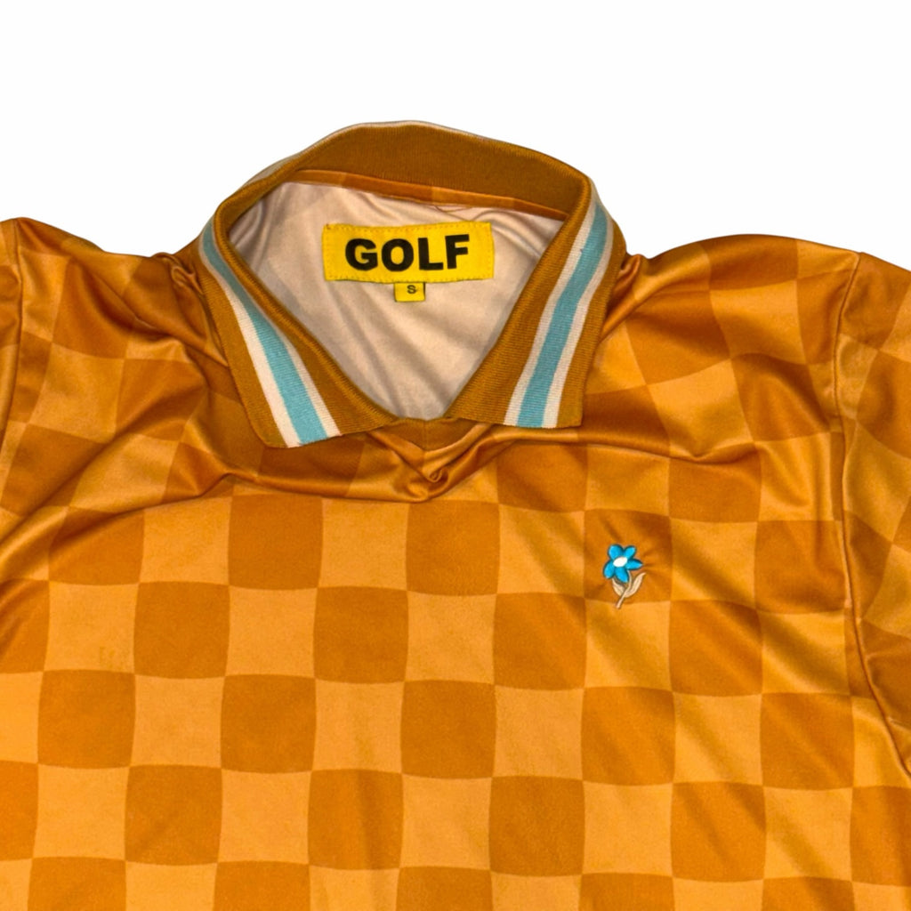 Vangsworld, Inc mustard and yellow checkered polo shirt with a striped collar and embroidered flower logo