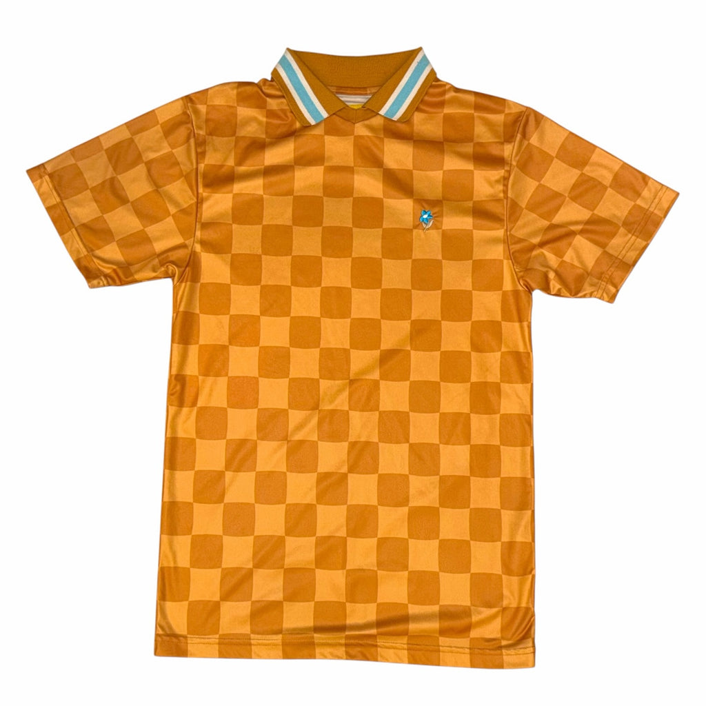 Vangsworld, Inc mustard and yellow checkered polo shirt with a striped collar and embroidered floral chest logo.
