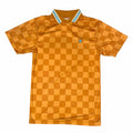 Vangsworld, Inc mustard and yellow checkered polo shirt with a striped collar and embroidered floral chest logo.