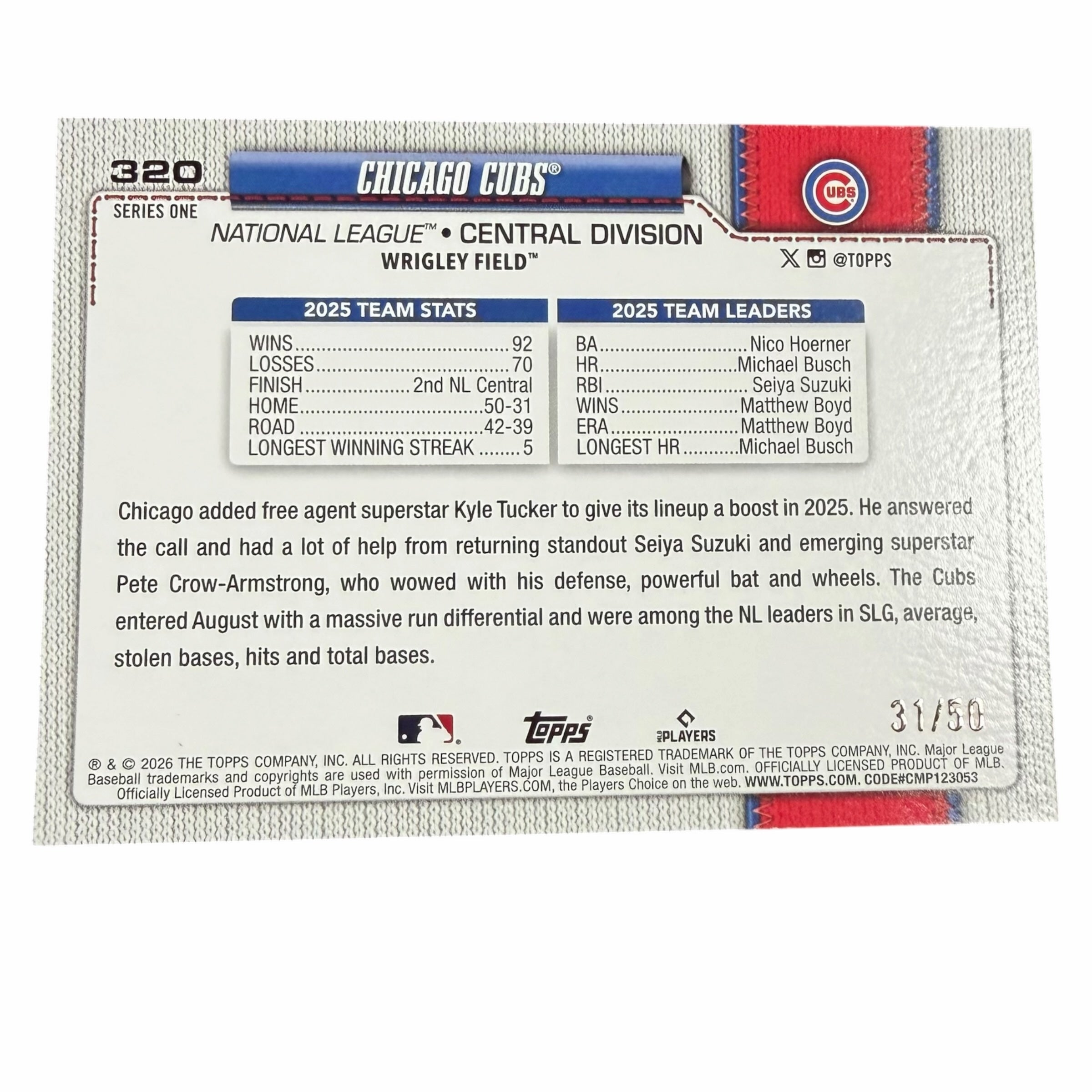Vangsworld, Inc 2025 Topps Chicago Cubs baseball trading card back showing team stats and player leaders, numbered 31/50