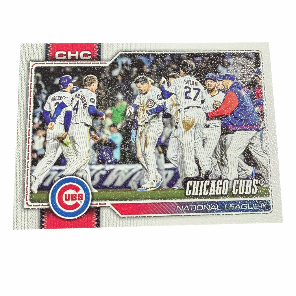 Vangsworld, Inc 2025 Topps Chicago Cubs baseball trading card featuring a shimmering foil team celebration design