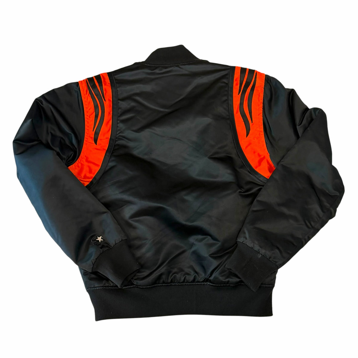 Back view of a Vangsworld, Inc vintage Starter Cincinnati Bengals nylon bomber jacket with orange tiger stripes.