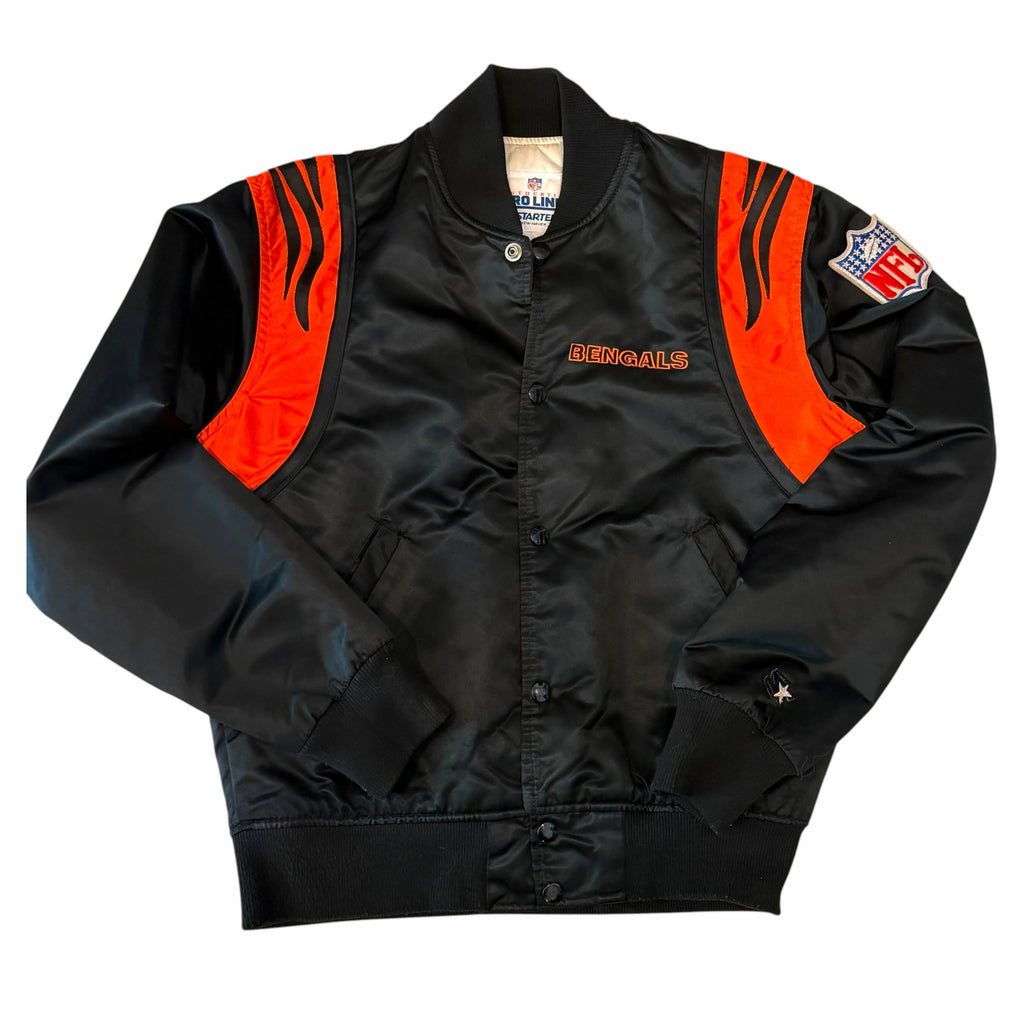 Vangsworld, Inc vintage Cincinnati Bengals Starter satin bomber jacket in black and orange with tiger stripe shoulders