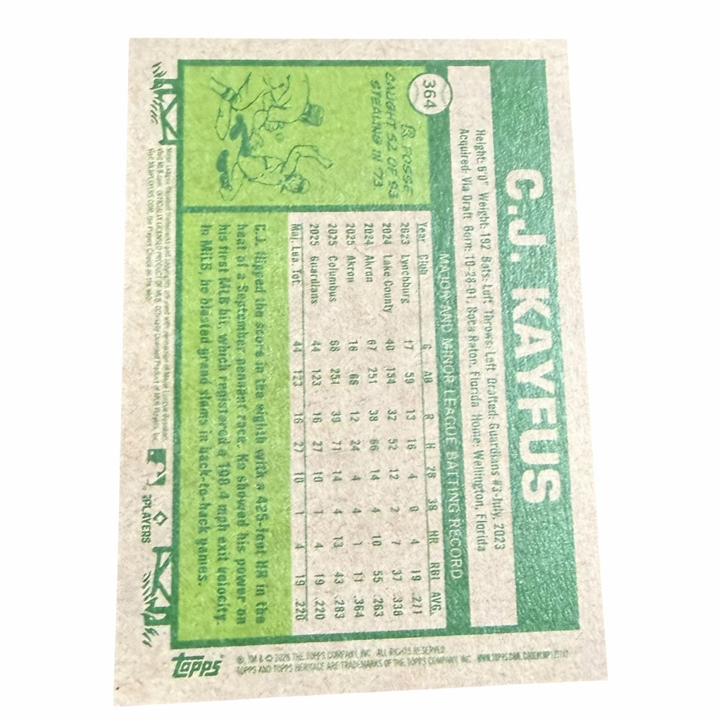 Vangsworld, Inc 2025 Topps Heritage C.J. Kayfus baseball card back with career statistics and player biography