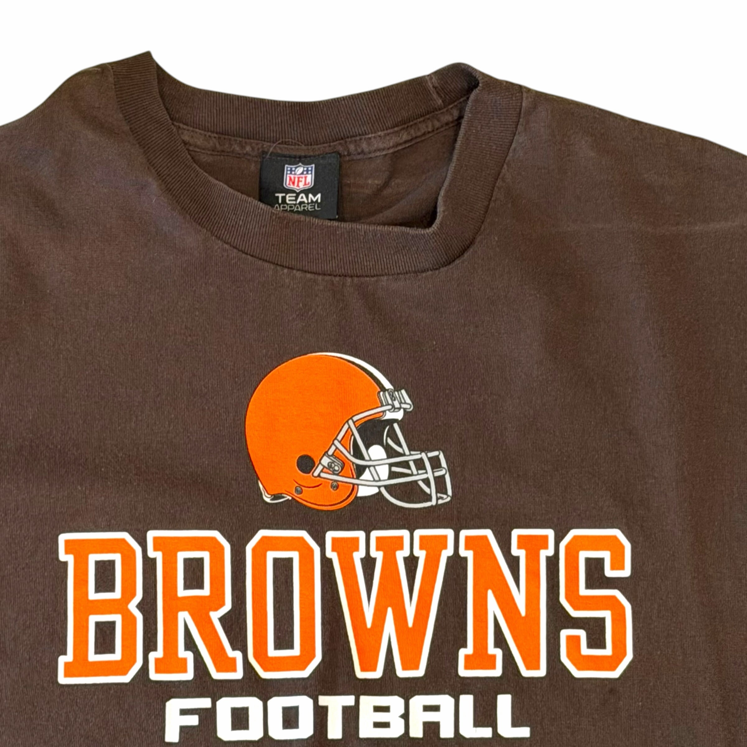 Vangsworld, Inc Cleveland Browns NFL graphic t-shirt in brown cotton with team helmet logo and bold lettering