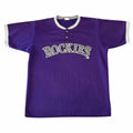Vangsworld, Inc purple Colorado Rockies baseball jersey with button placket and grey and white striped trim