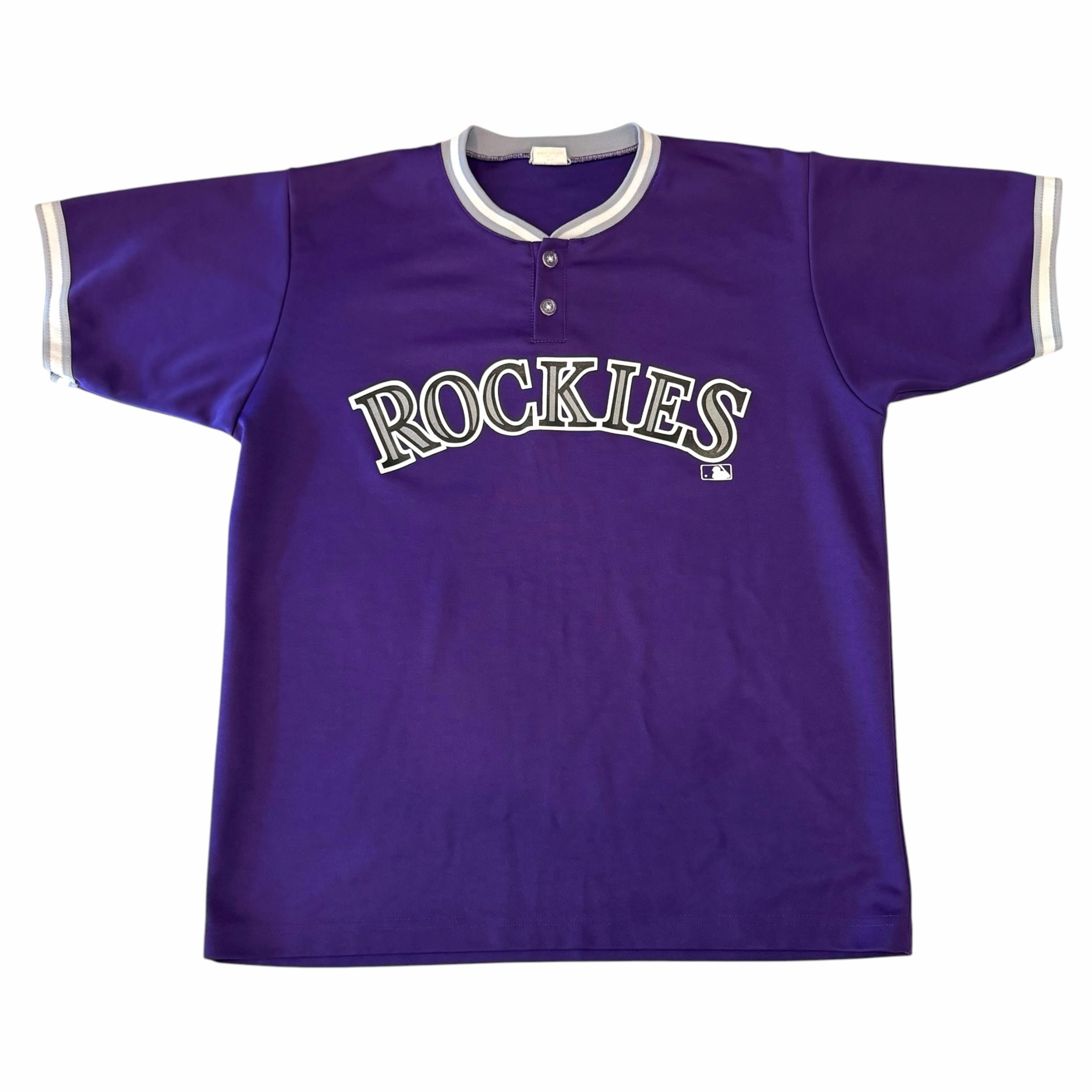 Vangsworld, Inc purple Colorado Rockies baseball jersey with button placket and grey and white striped trim