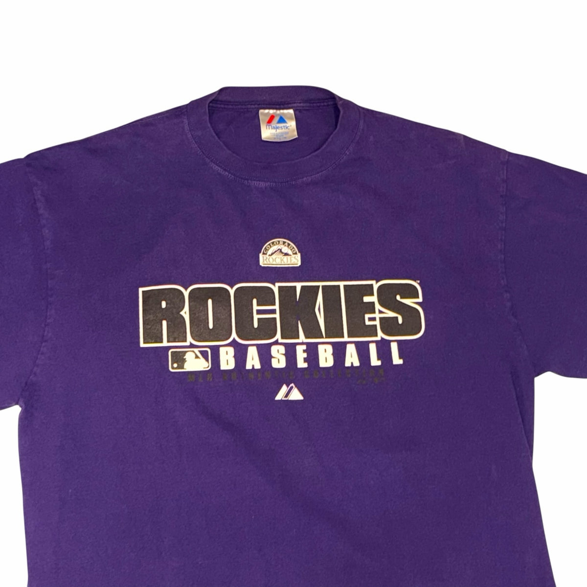 Vangsworld, Inc purple Colorado Rockies MLB graphic crew neck t-shirt with Majestic branding