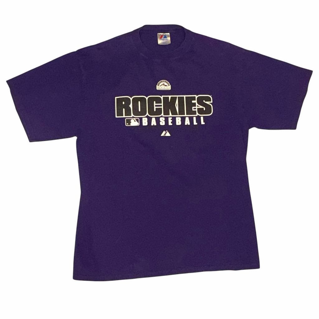 Vangsworld, Inc purple Colorado Rockies MLB graphic t-shirt with crew neck and white team lettering on the chest.