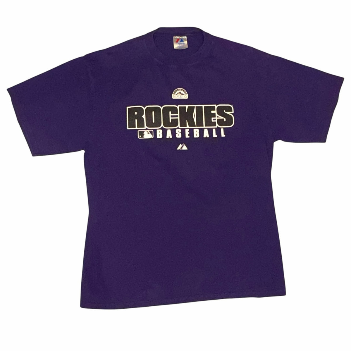 Vangsworld, Inc purple Colorado Rockies MLB graphic t-shirt with crew neck and white team lettering on the chest.