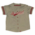 Vangsworld, Inc grey mesh Disneyland Resort button-down baseball jersey with red script logo and striped sleeve cuffs