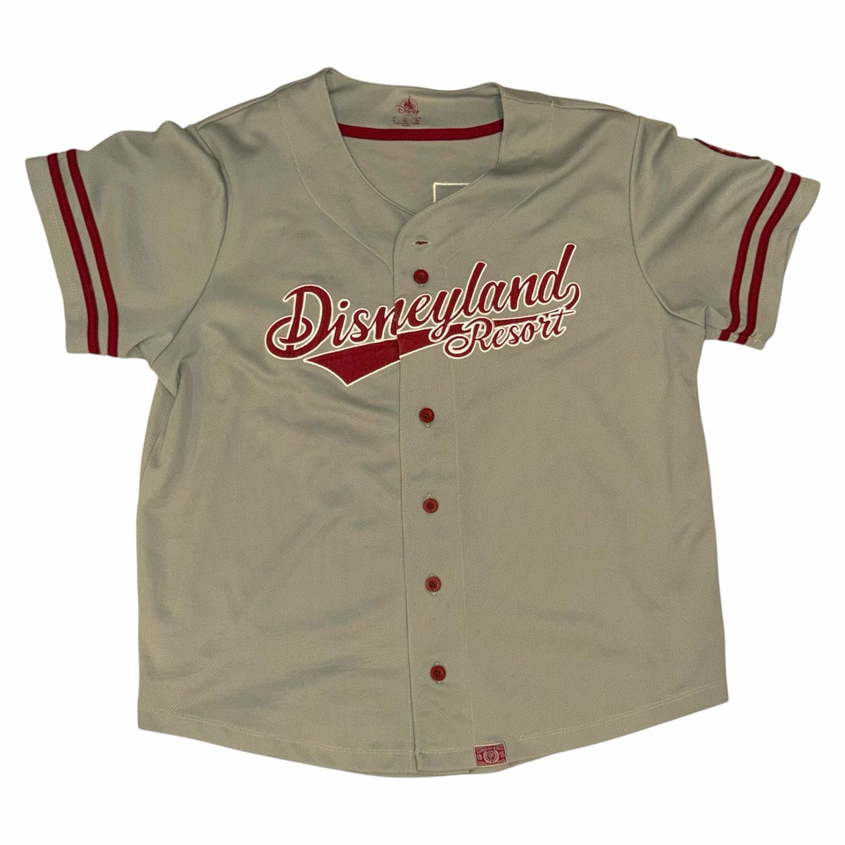 Vangsworld, Inc grey mesh Disneyland Resort button-down baseball jersey with red script logo and striped sleeve cuffs