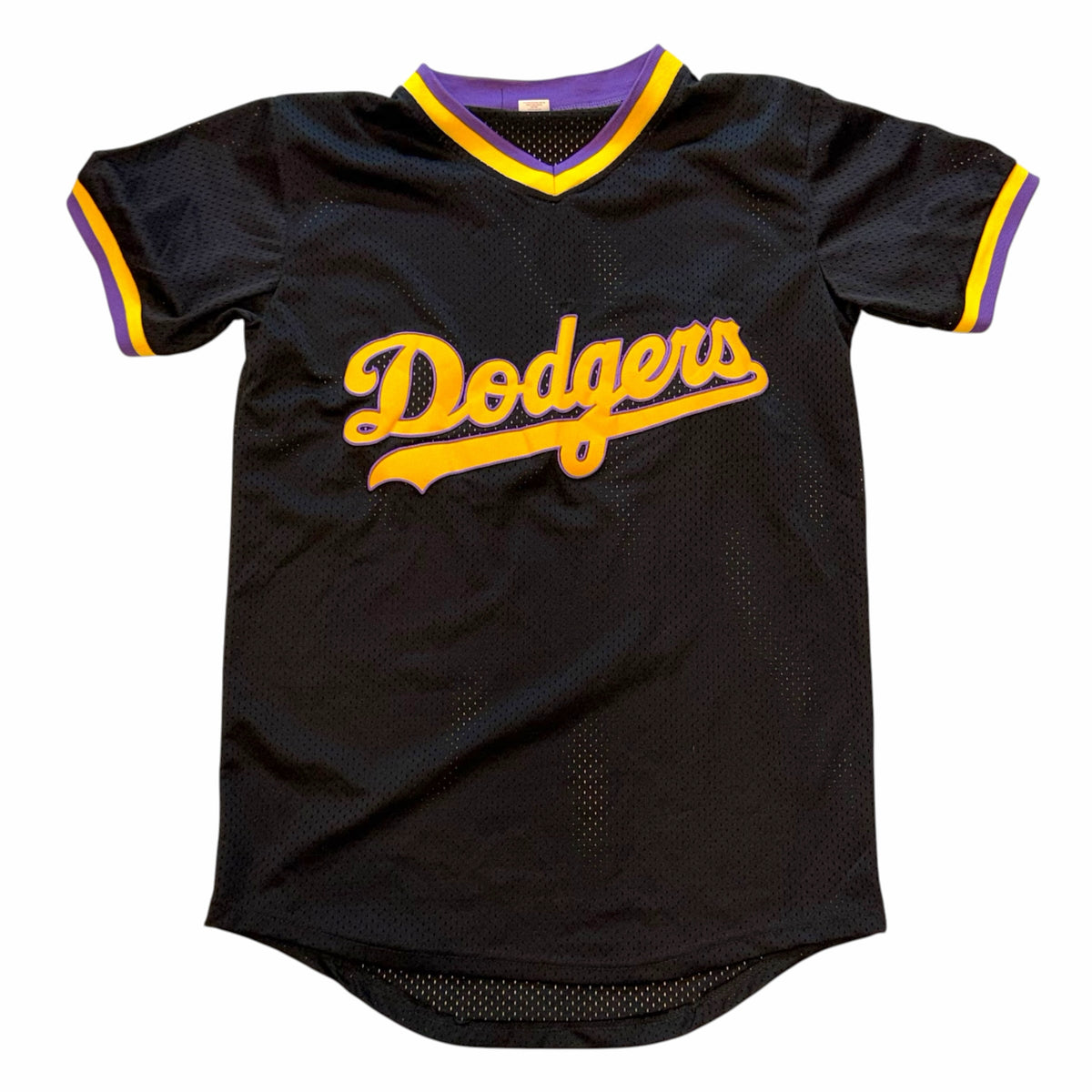 Vangsworld, Inc Los Angeles Dodgers black mesh athletic jersey with purple and gold V-neck and sleeve trim