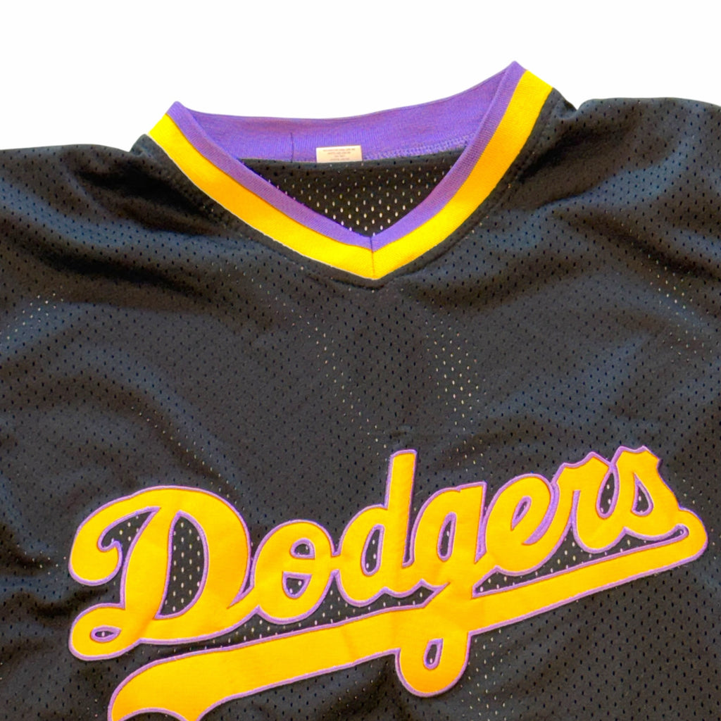 Vangsworld, Inc black mesh Los Angeles Dodgers athletic jersey with purple and gold V-neck and chest script logo