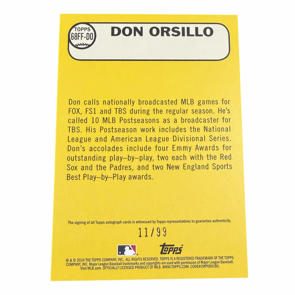 Vangsworld, Inc 2024 Topps Don Orsillo autographed baseball card back with career highlights and serial number 11/99.