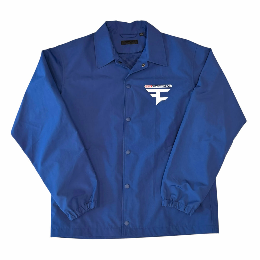Vangsworld, Inc blue FaZe Clan Computer Lab coach jacket with snap buttons, fold-down collar, and elasticized cuffs.