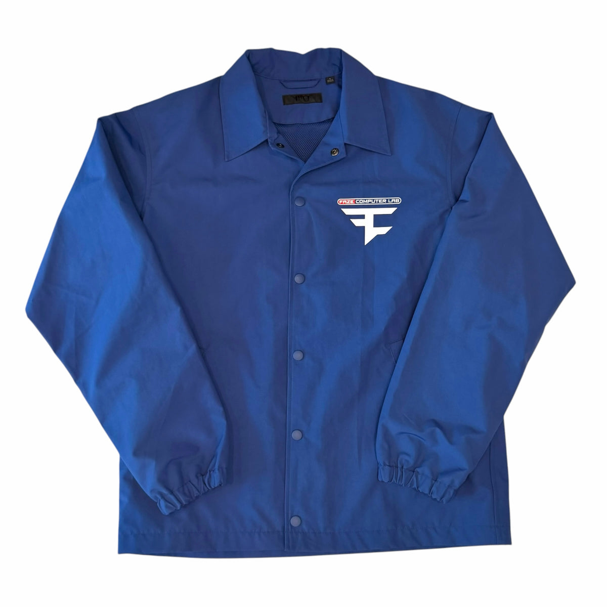 Vangsworld, Inc blue FaZe Clan Computer Lab coach jacket with snap buttons, fold-down collar, and elasticized cuffs.