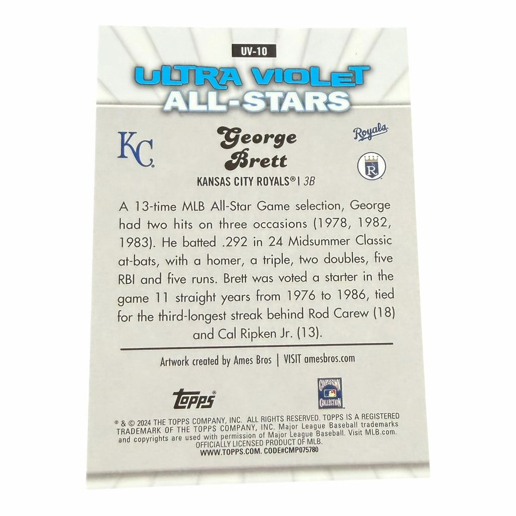 Back of Vangsworld, Inc George Brett Ultra Violet All-Stars Topps Chrome baseball card with career statistics