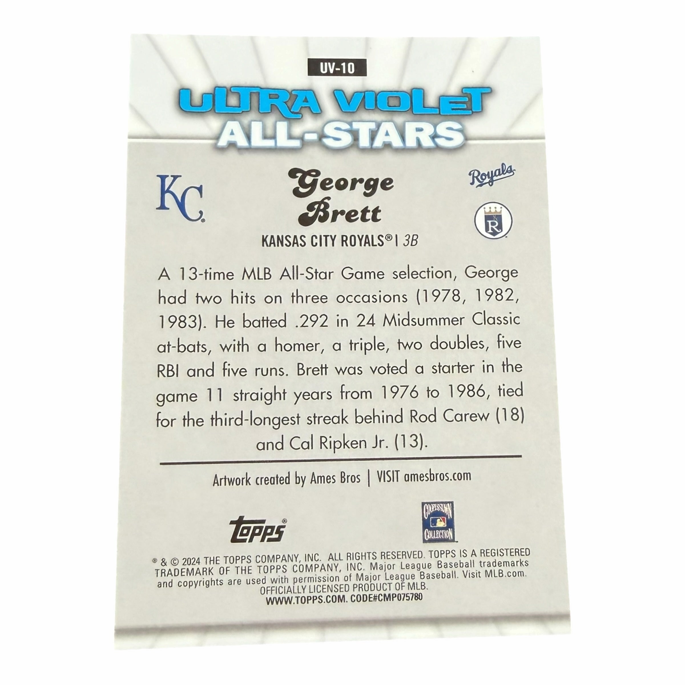 Back of Vangsworld, Inc George Brett Ultra Violet All-Stars Topps Chrome baseball card with career statistics