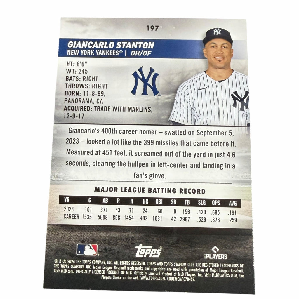 Vangsworld, Inc 2024 Topps Stadium Club Giancarlo Stanton baseball card back showing career stats and player profile