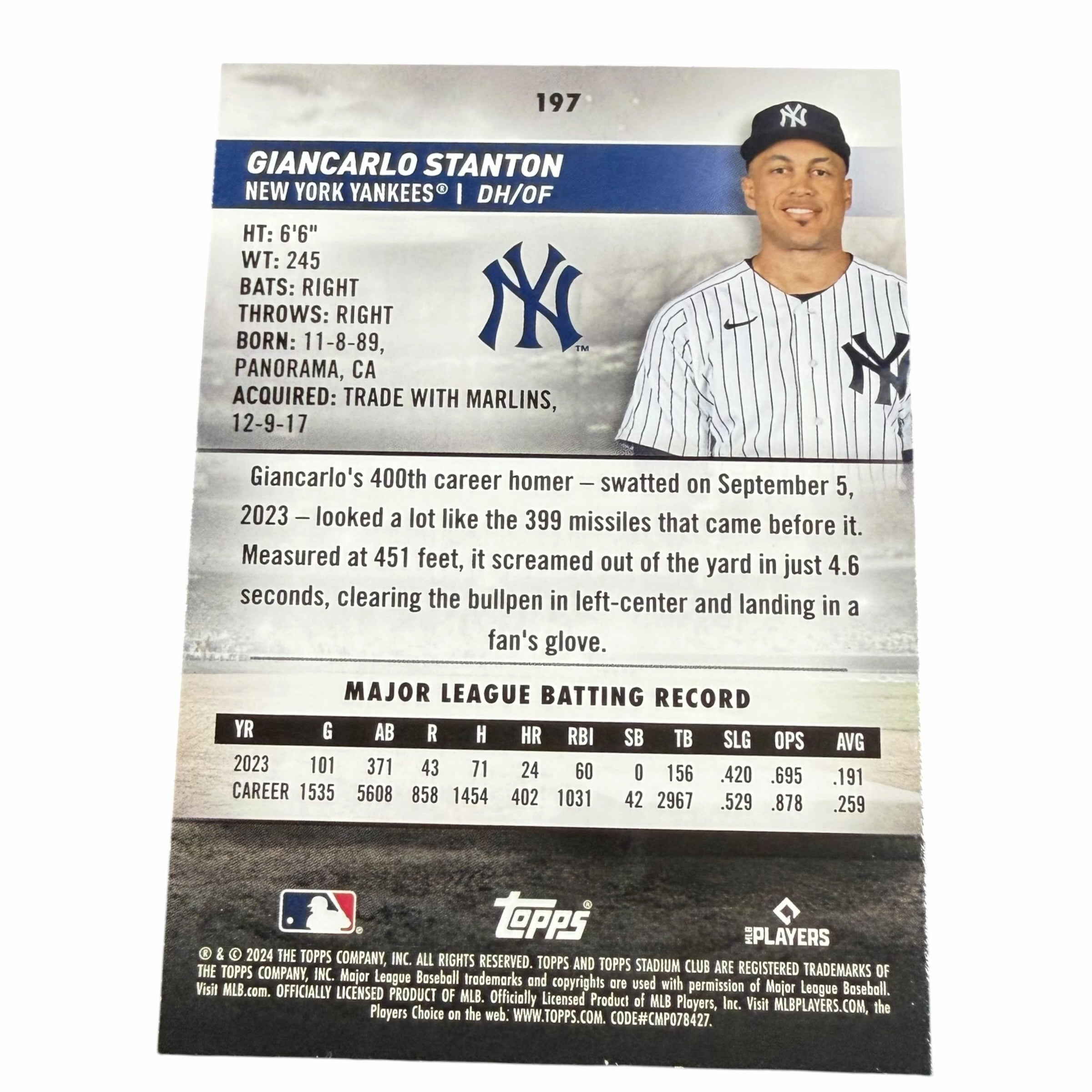 Vangsworld, Inc 2024 Topps Stadium Club Giancarlo Stanton baseball card back showing career stats and player profile