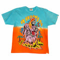 Vangsworld, Inc graphic tee in sky blue and sunset orange cotton with a cloaked figure illustration and crew neck.