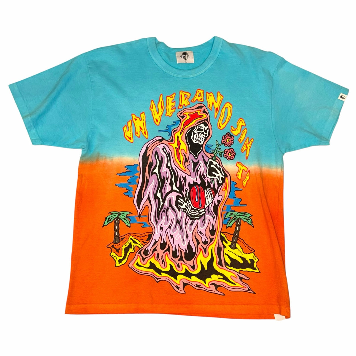 Vangsworld, Inc graphic tee in sky blue and sunset orange cotton with a cloaked figure illustration and crew neck.