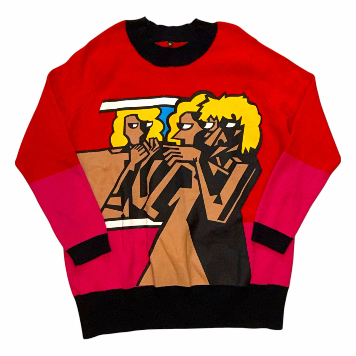 Vangsworld, Inc crewneck sweater featuring a bold abstract graphic print in red, pink, and black with ribbed trim.