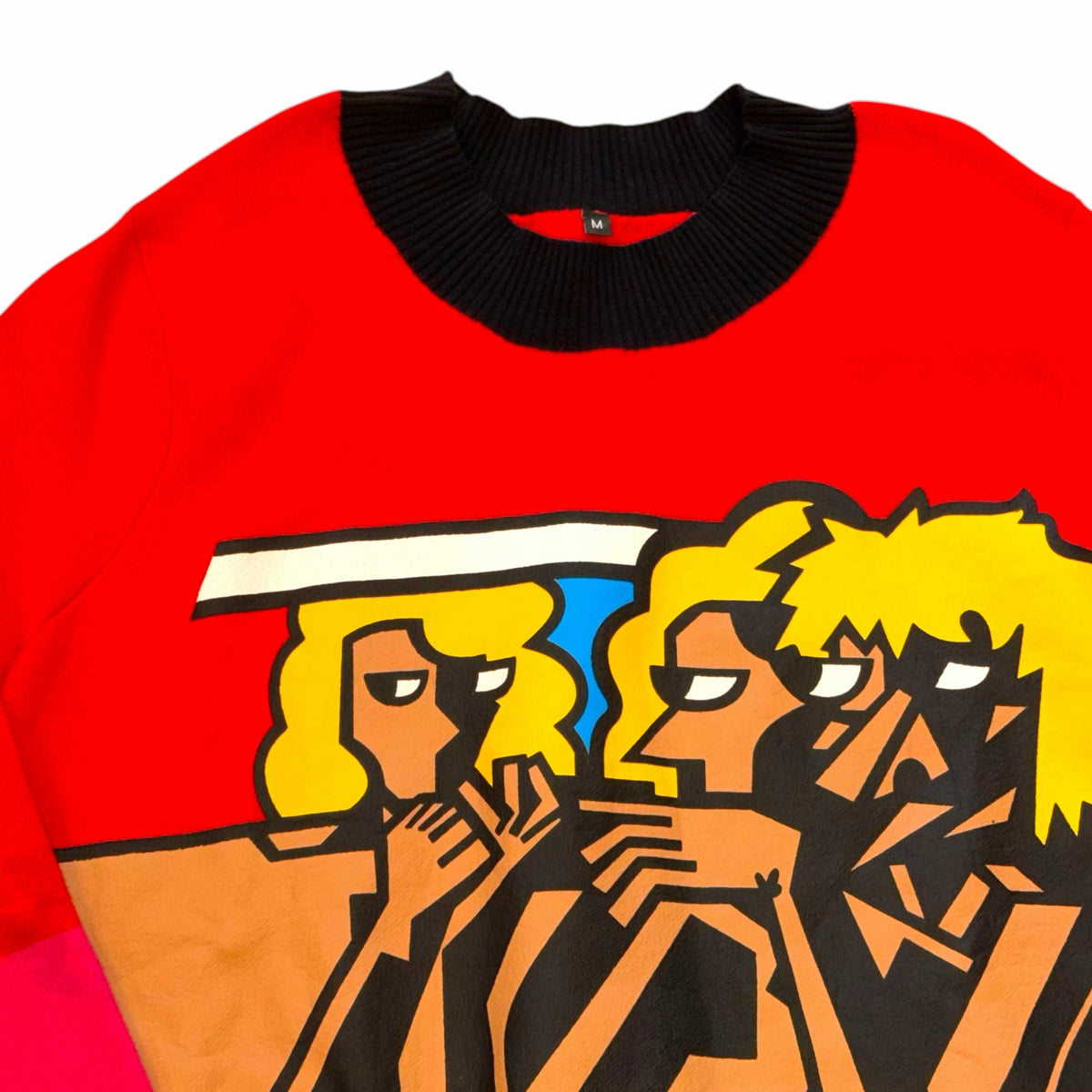 Vangsworld, Inc crewneck sweater featuring a vibrant red base with a bold abstract graphic print and black ribbed collar