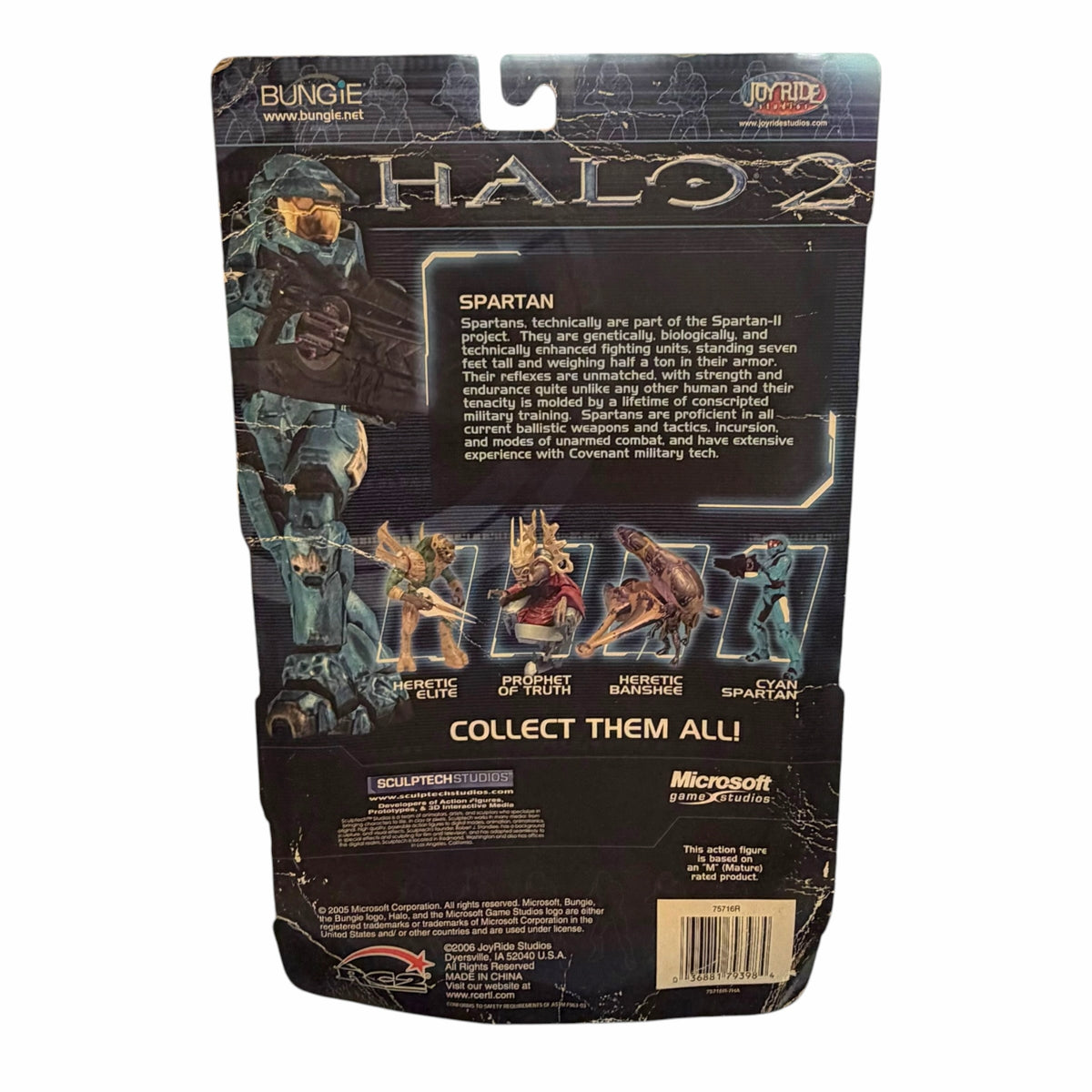 Vangsworld, Inc Halo 2 Spartan action figure packaging back showing character details and collectible series info