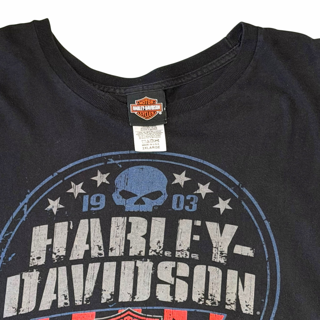 Vangsworld, Inc black Harley-Davidson crewneck t-shirt featuring a distressed skull graphic and 1903 branding.