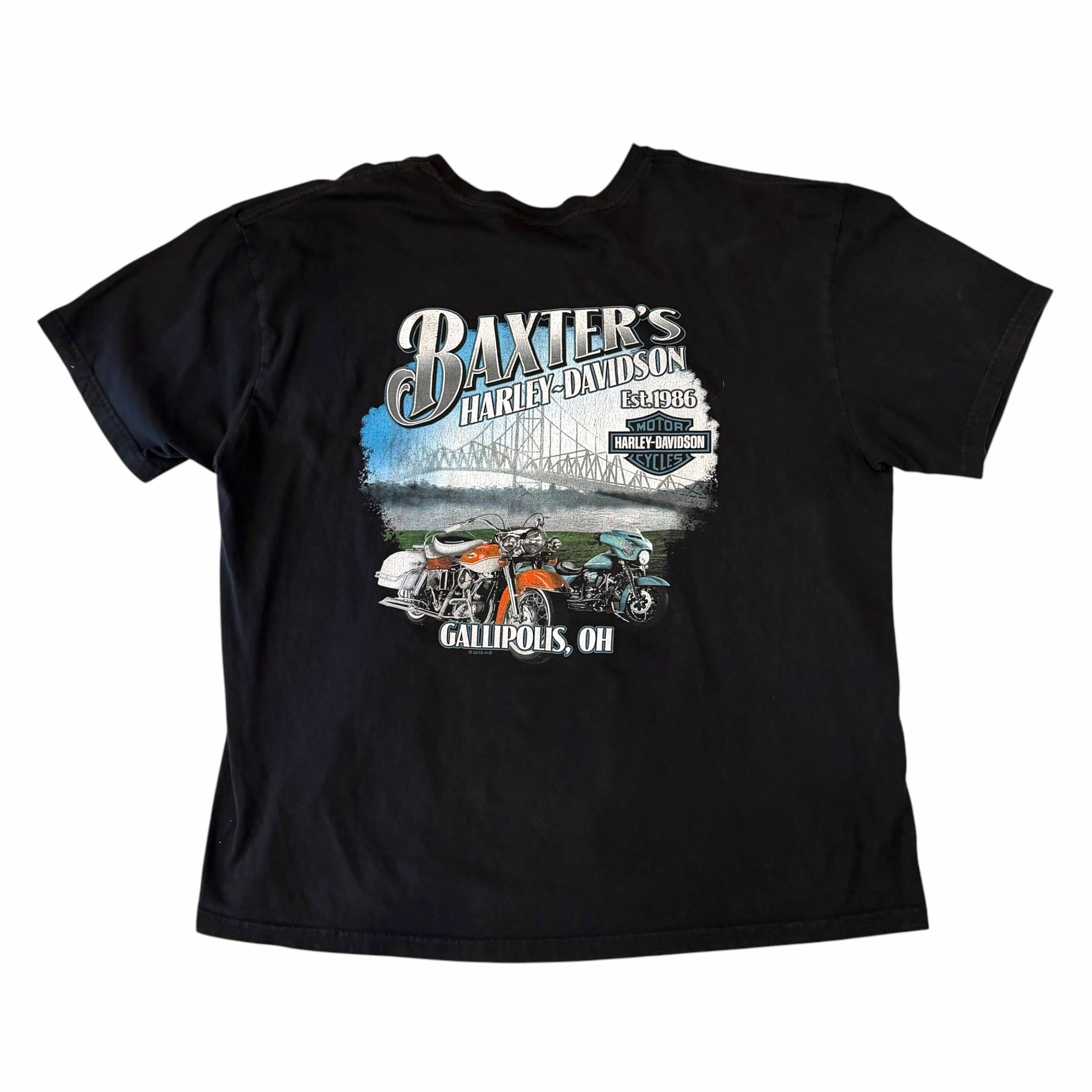Vangsworld, Inc black Harley-Davidson graphic t-shirt featuring a Baxter's Gallipolis, Ohio motorcycle print on back.