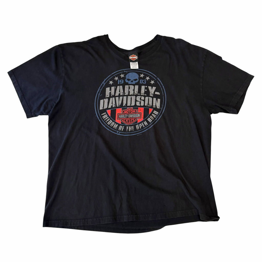 Vangsworld, Inc black Harley-Davidson crewneck t-shirt with distressed skull and open road graphic on the front.