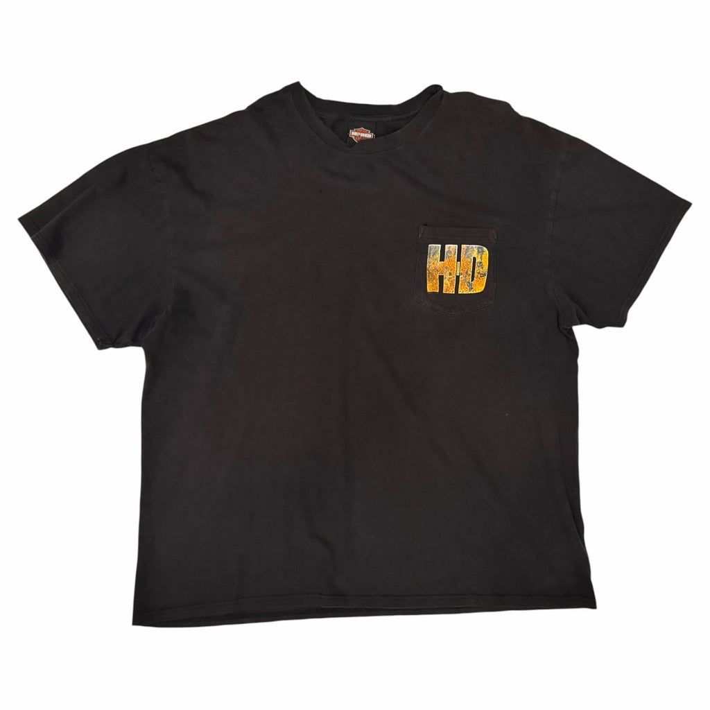 Vangsworld, Inc black Harley-Davidson short sleeve cotton t-shirt with a distressed HD graphic on the chest pocket.