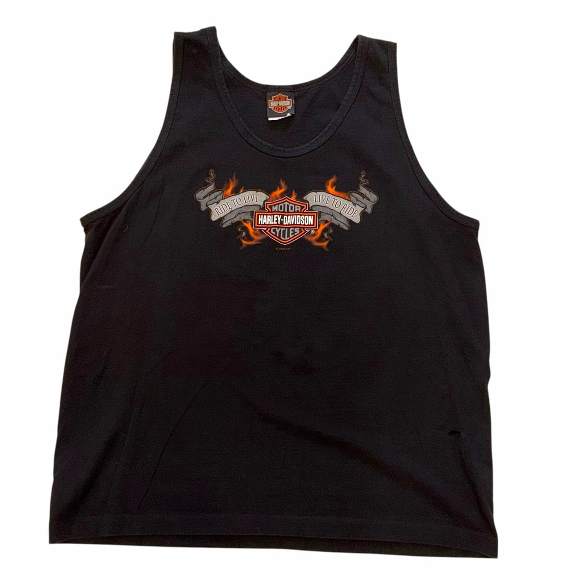 Vangsworld, Inc black Harley-Davidson sleeveless cotton tank top with Ride to Live graphic and flame details