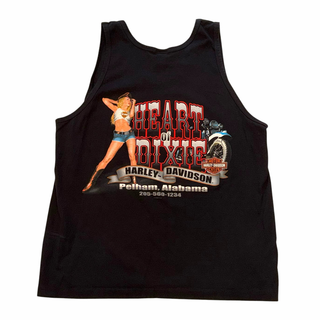 Vangsworld, Inc black Harley-Davidson sleeveless tank top with Heart of Dixie pin-up graphic and motorcycle print